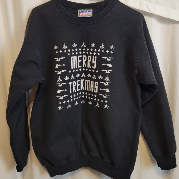 Merry Trekmas Star Trek Christmas Sweatshirt S 34-36 Black Starfleet Hanes Pro - Picture 1 of 8